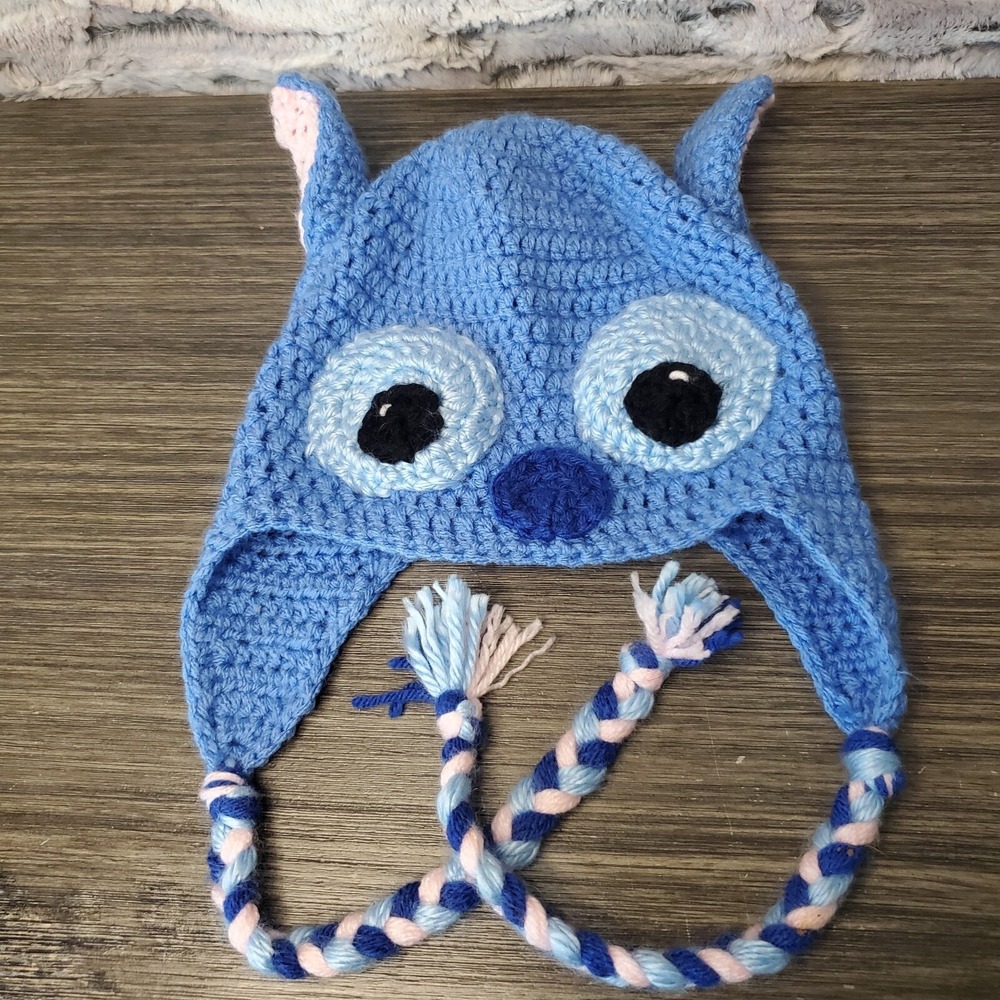 Youth Size Blue Monster Crochet Hat With Standing Ears‎ Braid Ties